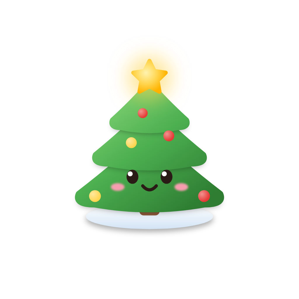 The app's smiling Christmas tree with a golden star and red and yellow ornaments
